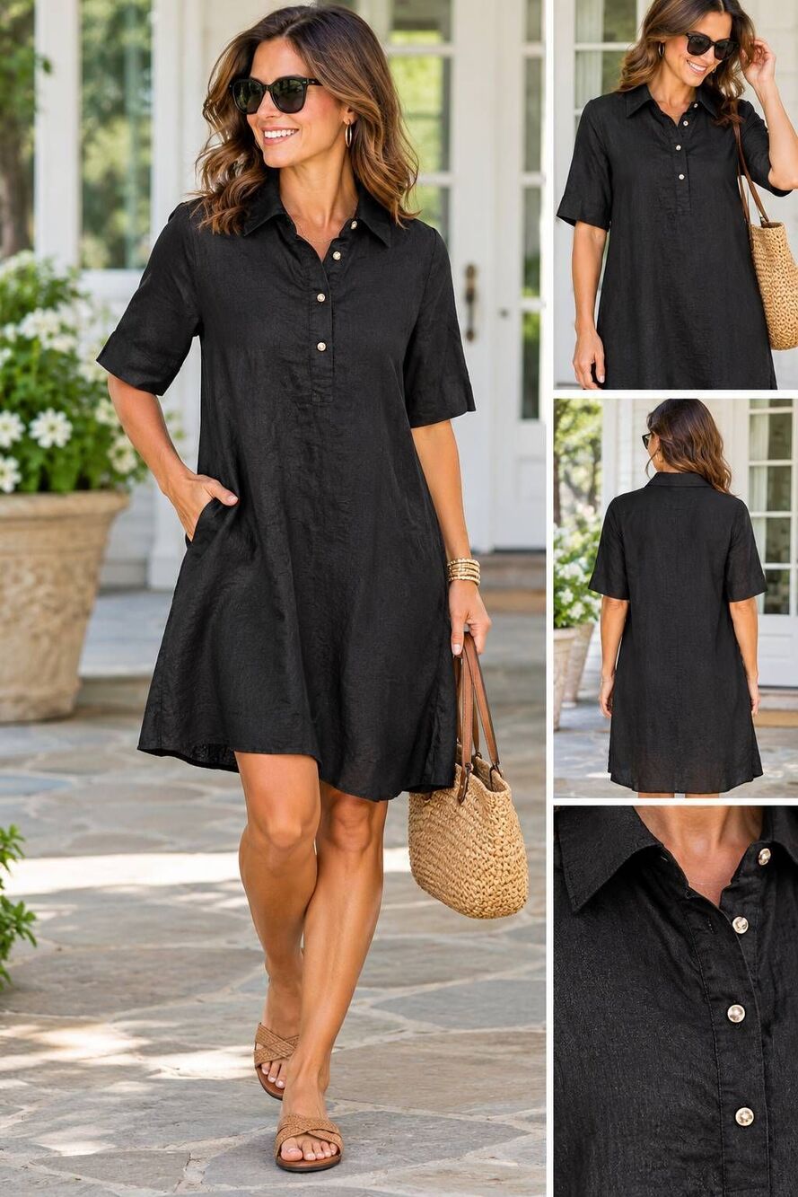 Calme by Johnny Was Womens Black Cotton Shirt Dress with Pockets Small